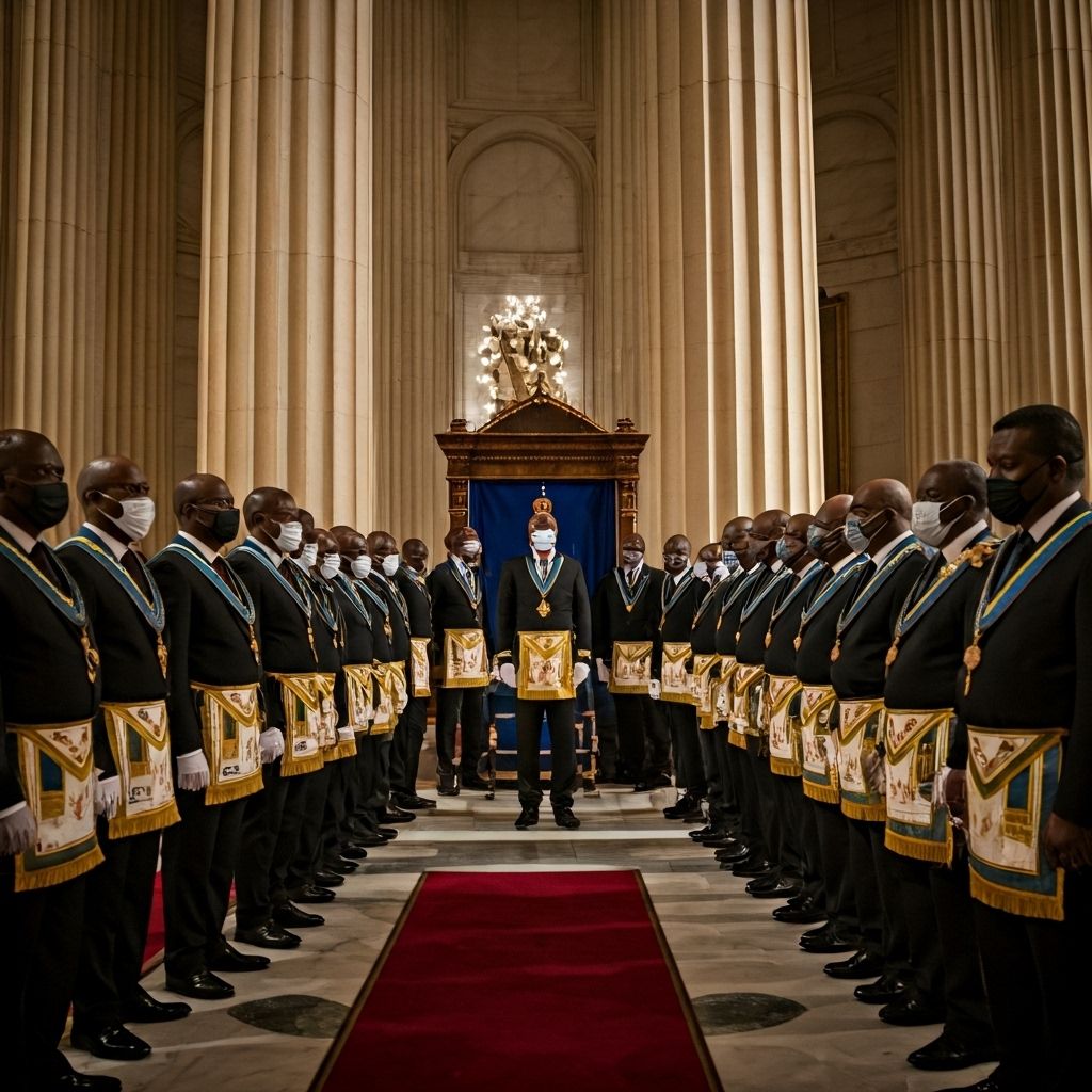 Temple maçonnique avec colonnes et cérémonie